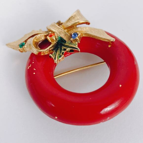 VTG Signed ART 60s Brooch Christmas Wreath Enamel Rhinestone Pin Nostalgic Retro - Picture 5 of 11
